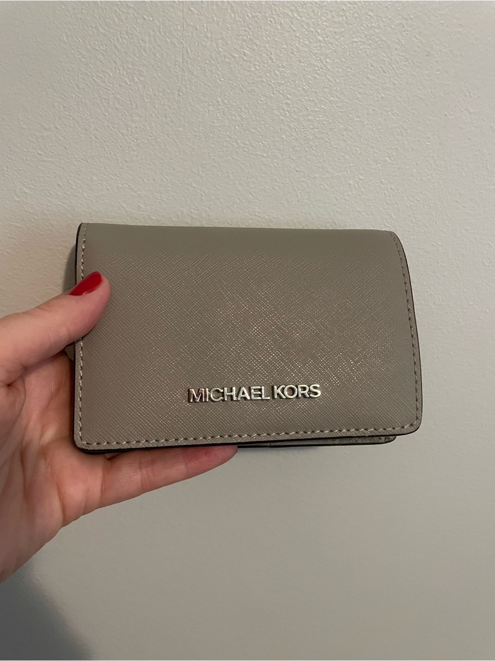 Michael Kors Taupe Saffiano Leather Compact Wallet with Silver Logo